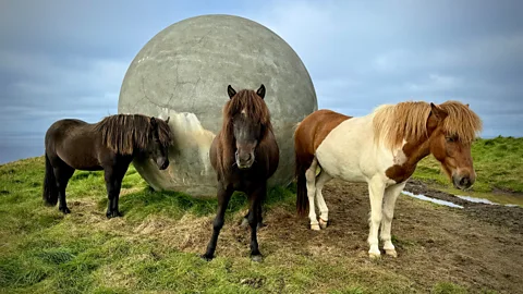 Grímsey: Arctic Island Home to 20 People and a Million Birds 5 Michelle Gross Tourists – and Icelandic horses – seek out the island's Orbis et Globus concrete ball (Credit: Michelle Gross)