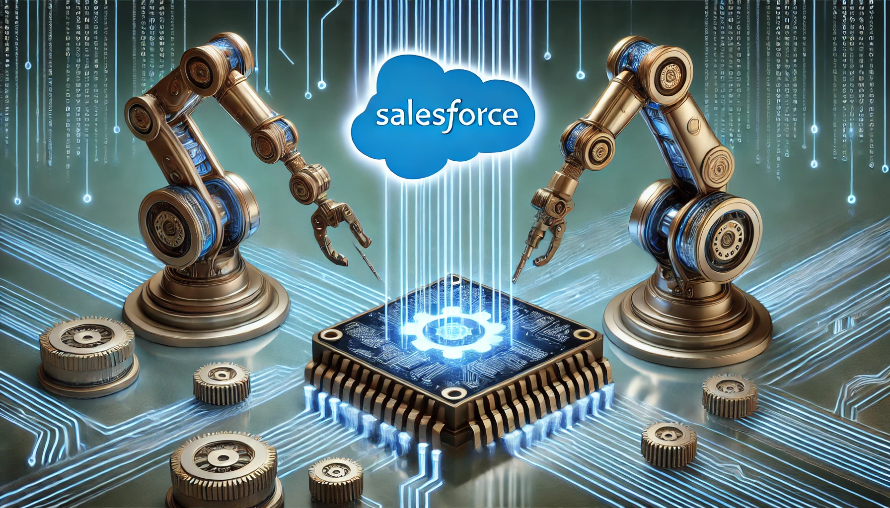DALL·E 2025 03 18 16.36.44 A futuristic digital landscape representing automation in Salesforce testing. The image features a glowing circuit board with robotic arms testing sof